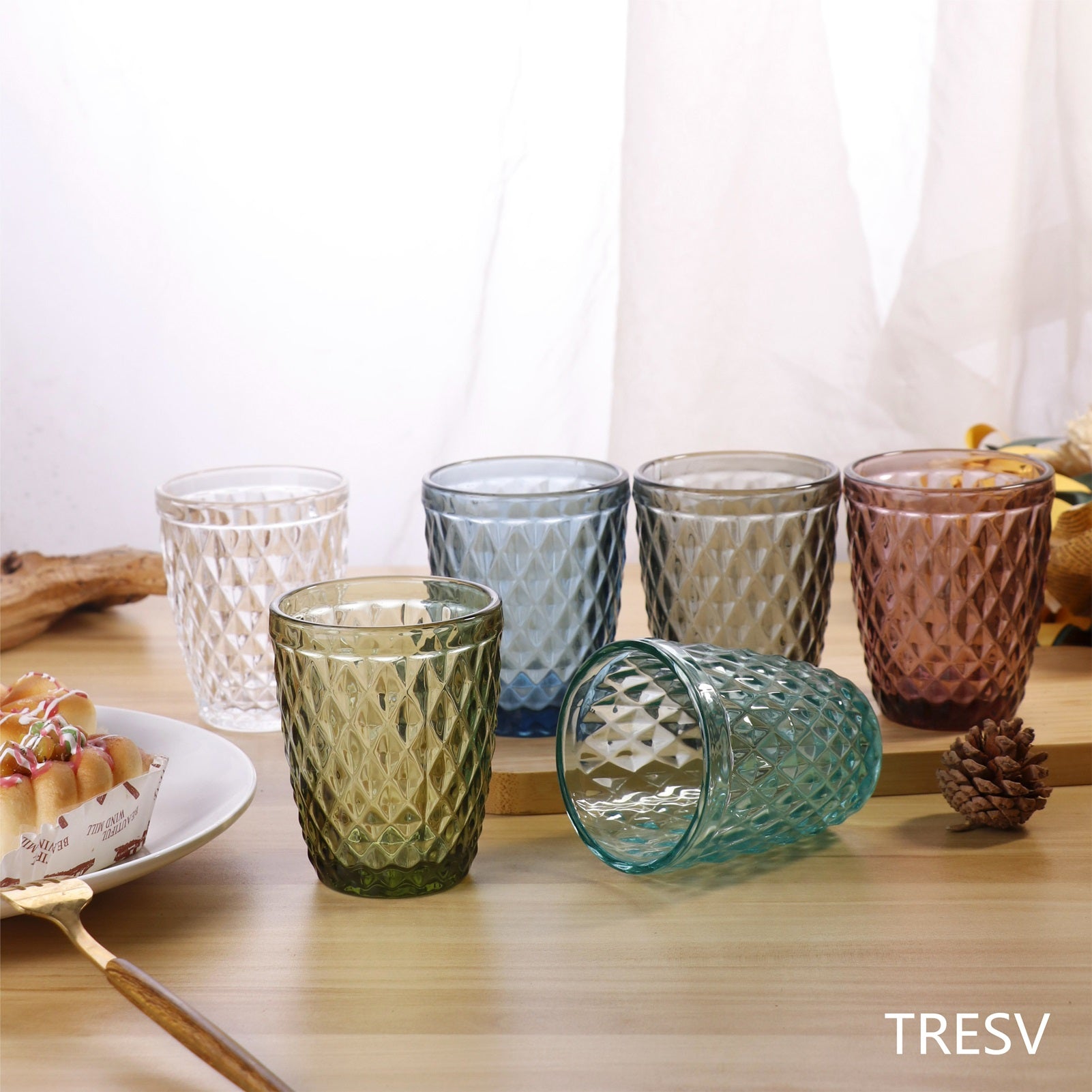 Set de 6 Vasos de Cristal 250ml | Diseño de Diamante Elegante | Aptos para Lavavajillas | Vidrio Sin Plomo para Agua y Refrescos