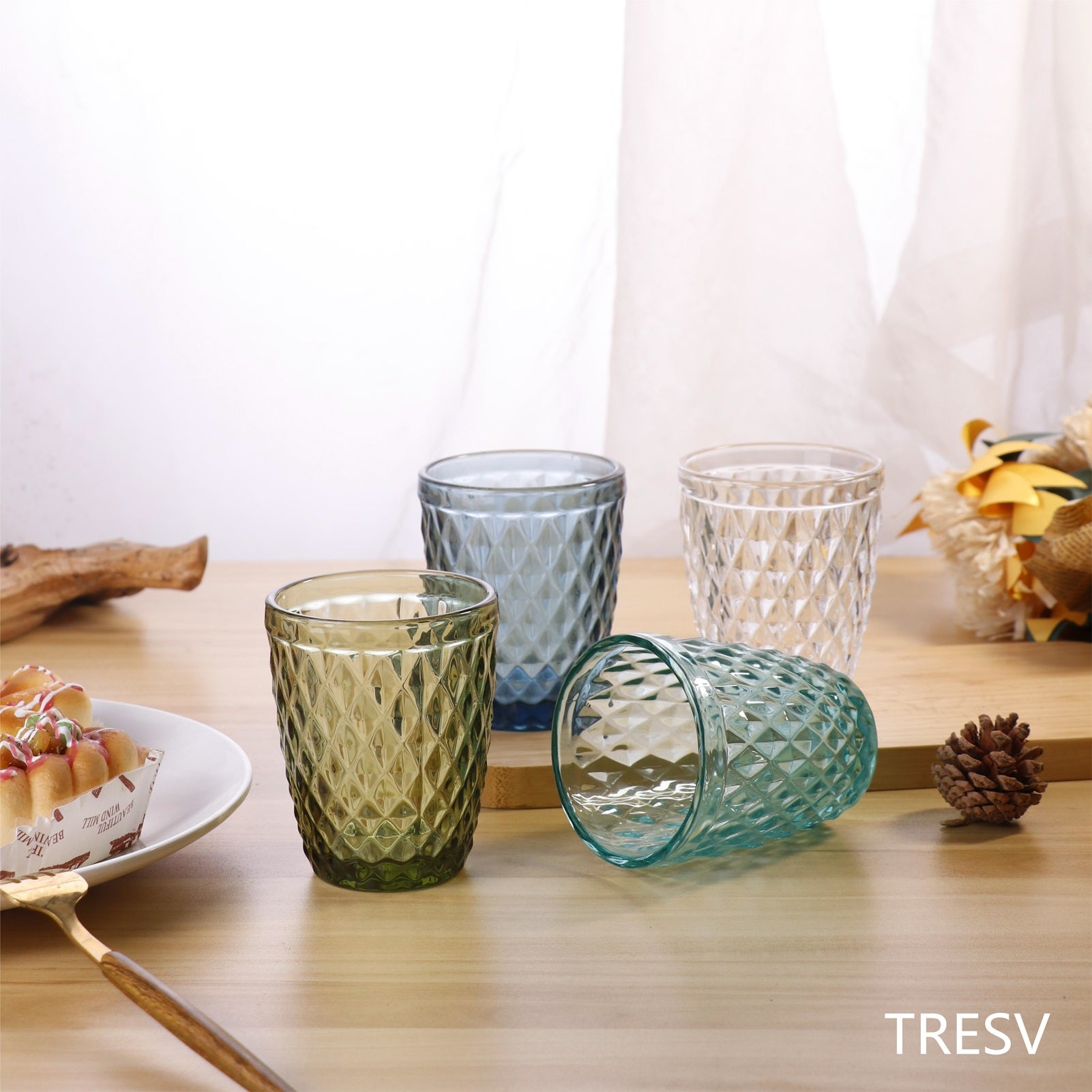 Set de 6 Vasos de Cristal 250ml | Diseño de Diamante Elegante | Aptos para Lavavajillas | Vidrio Sin Plomo para Agua y Refrescos