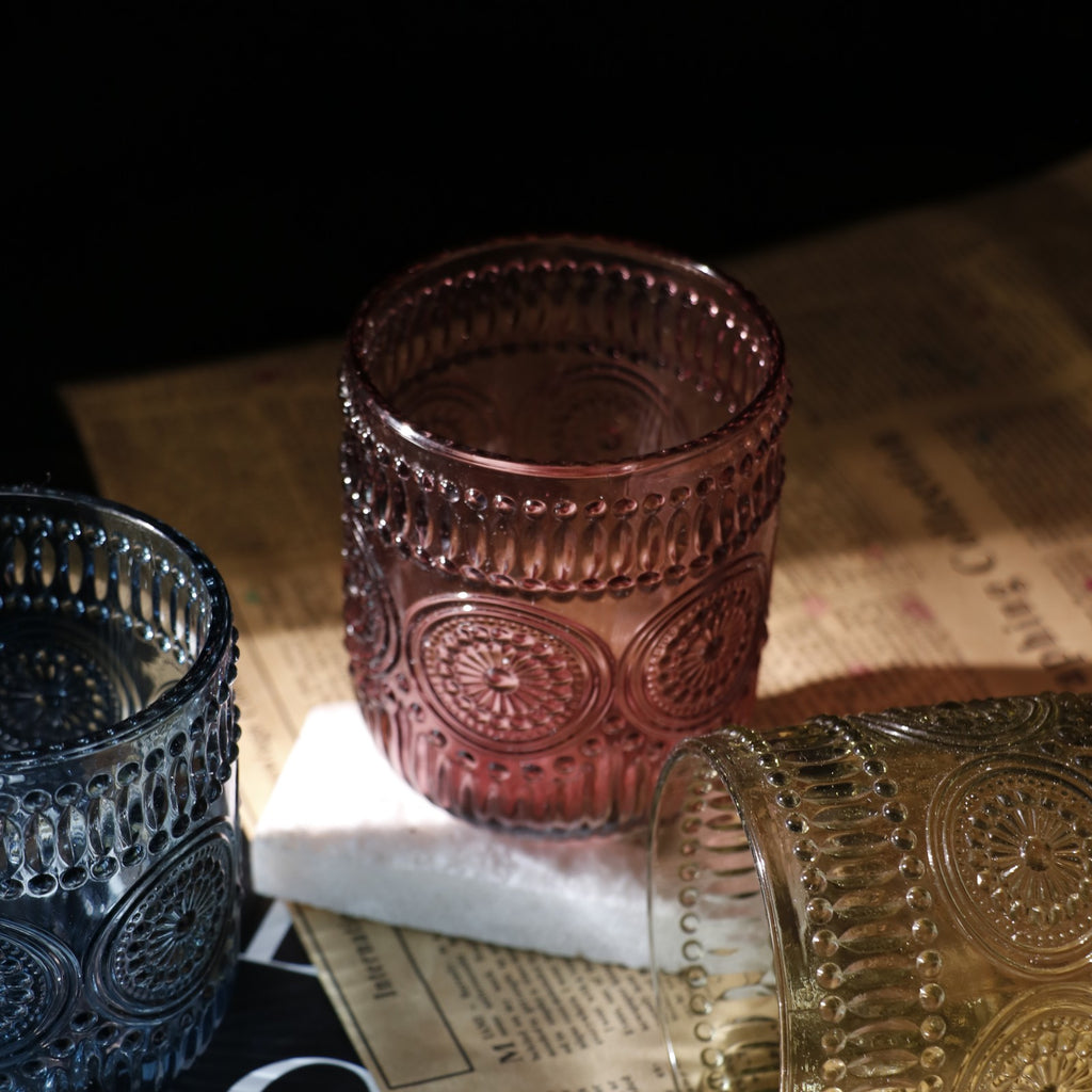 Set de 6 Vasos Colores de 250ml, Vaso de Cristal agua y Bebidas Alcohólicas con Patrón Girasol ,Aptos para lavavajillas