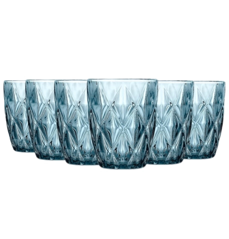 Set de 6 Vasos Colores, Vaso de Cristal agua de 300 ml, Vaso de Agua y Bebidas, Aptos para Lavavajillas (Azul)
