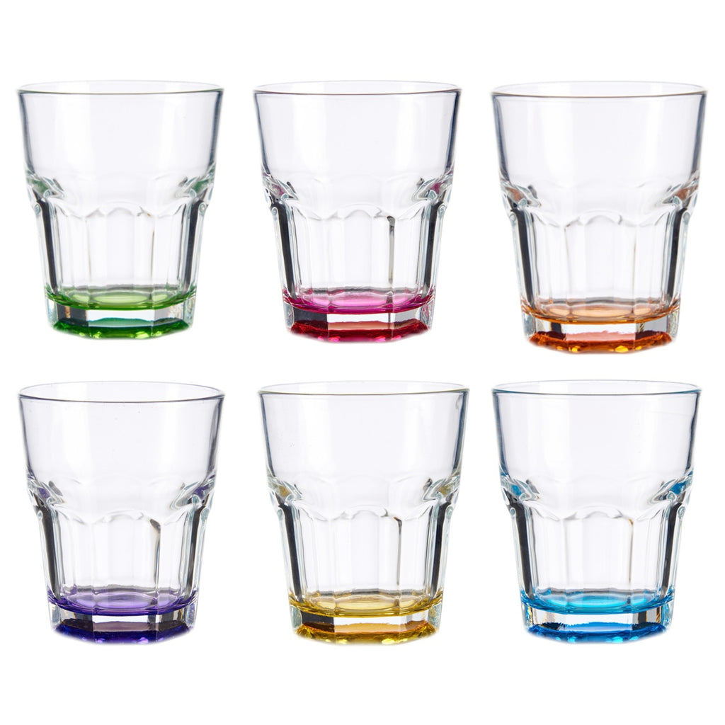 Set de 6 Vasos Colores y Transparente, Vaso de Cristal agua de 285 ml, Vaso de Agua y Bebidas, Aptos para Lavavajillas