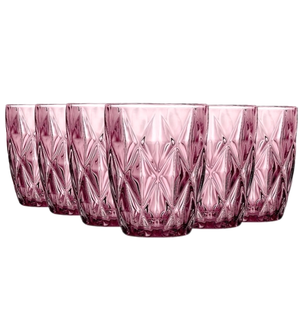 Set de 6 Vasos Colores, Vaso de Cristal agua de 300 ml, Vaso de Agua y Bebidas, Aptos para Lavavajillas (Rosa)