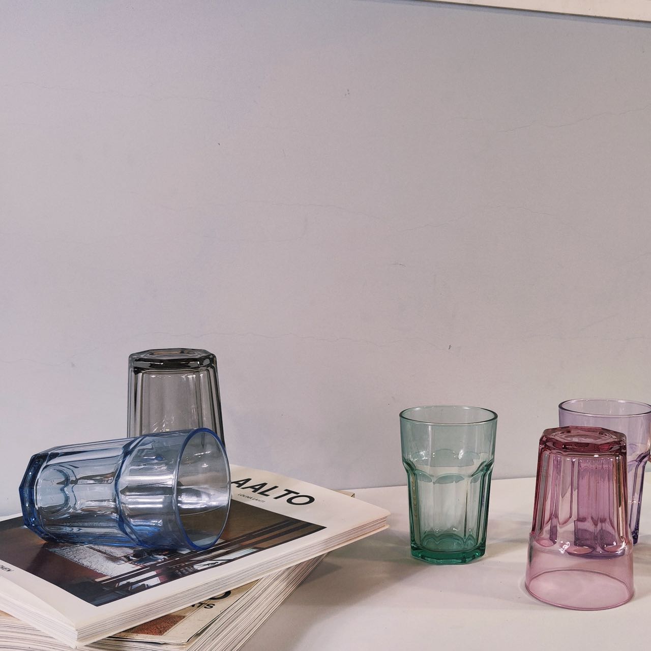 Set de 6 Vasos de Colores Pastel, Vasos de Cristal Multicolor Altos de 365cc,Aptos para Lavavajillas