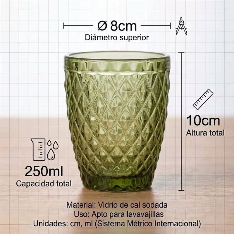 Set de 6 Vasos de Cristal 250ml | Diseño de Diamante Elegante | Aptos para Lavavajillas | Vidrio Sin Plomo para Agua y Refrescos