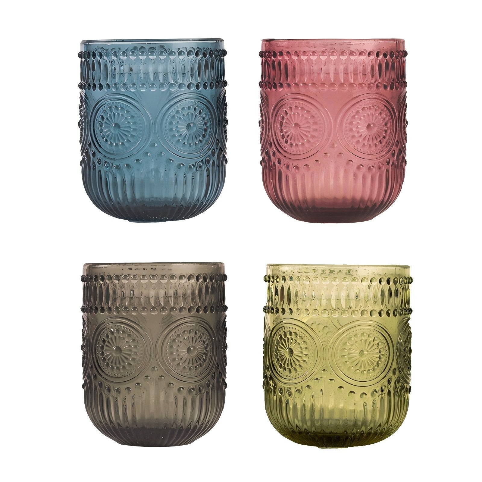 Set de 4 Vasos Colores de 250ml, Vaso de Cristal agua y Bebidas Alcohólicas con Patrón Girasol ,Aptos para lavavajillas