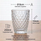 Set de 6 Vasos de Cristal 250ml | Diseño de Diamante Elegante | Aptos para Lavavajillas | Vidrio Sin Plomo para Agua y Refrescos